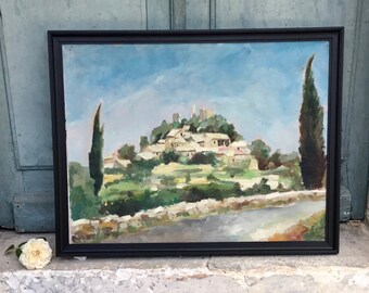 Pintura al óleo impresionista francesa vintage: Paisaje de La Roque-sur-Cèze