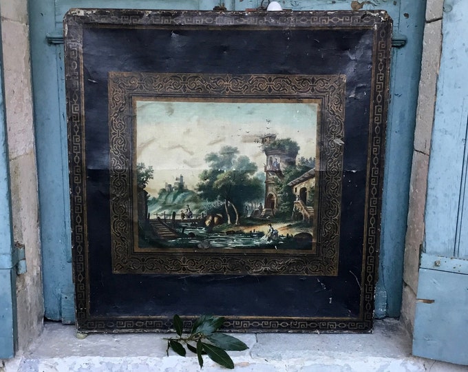 A large French chinoiserie decoupage wall panel - early 1800’s with hand painted borders mounted upon canvas within wood frame