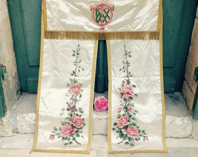 Painted silk hanging - Stunning antique French large Hand painted silk - tabernacle - french pink roses  - chic at its absolute finest!