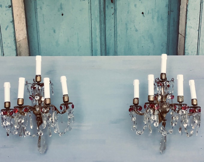A stunning pair of Antique French baccarat crystal girandole wall scones, 1800’s later electrified bronze chandelier cranberry glass crystal