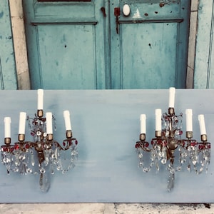 A stunning pair of Antique French baccarat crystal girandole wall scones, 1800’s later electrified bronze chandelier cranberry glass crystal