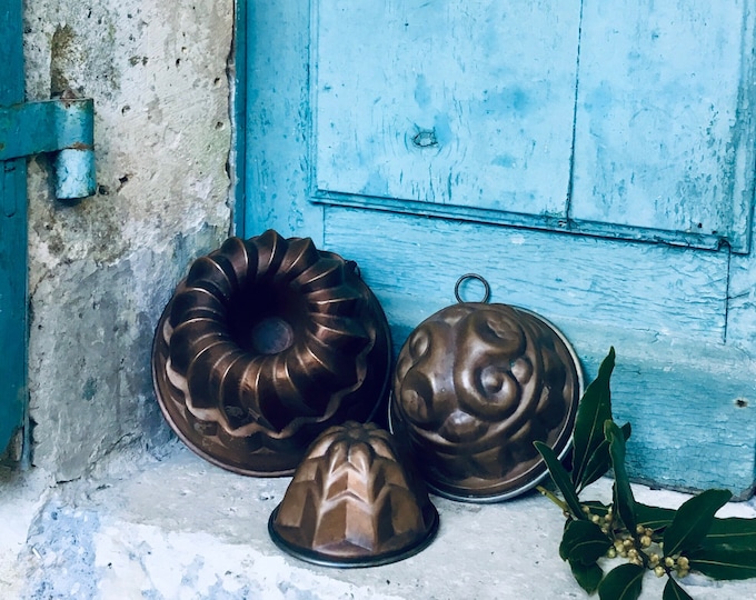 A wonderful trio of Antique French copper dessert or jelly moulds - jello - pastry mould  - bundt - tin - copper cookware