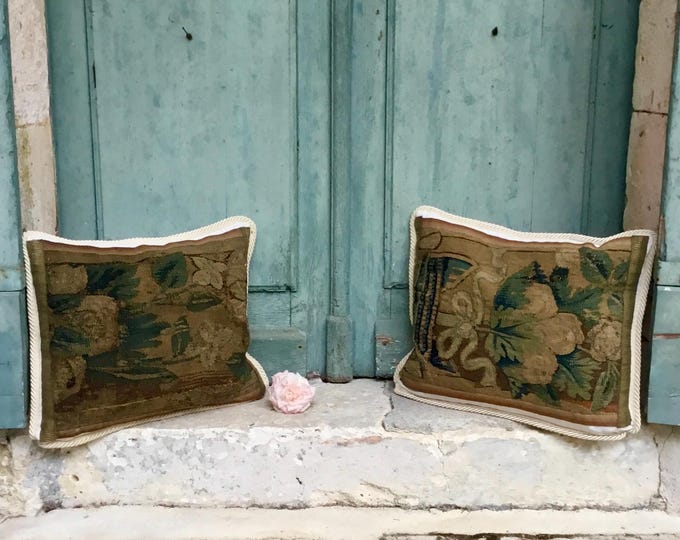 A pair of Antique Aubusson Tapestry Pillows: French Handwoven 17th Century Cushions