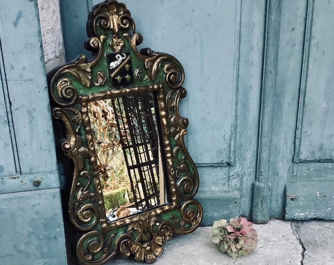 A stunning antique 18th century hand carved & painted gilt wood framed Florentine mirror with noble coat of arms - Medici design