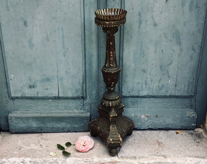 Antique carved wood candlestick - A large French hand painted green wooden, hand carved candlestick - chandelier - church candlestick