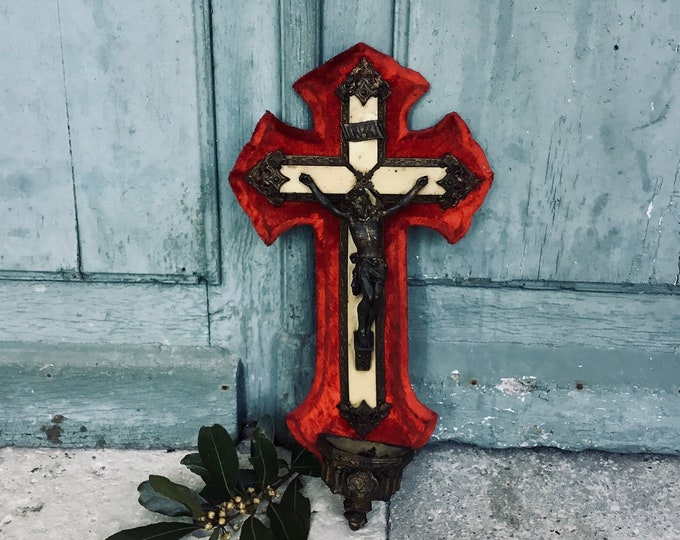 A stunning large antique French red velvet crucifix or cross - benetier - blessing font - baptism font - holy water - stoop - crucifix