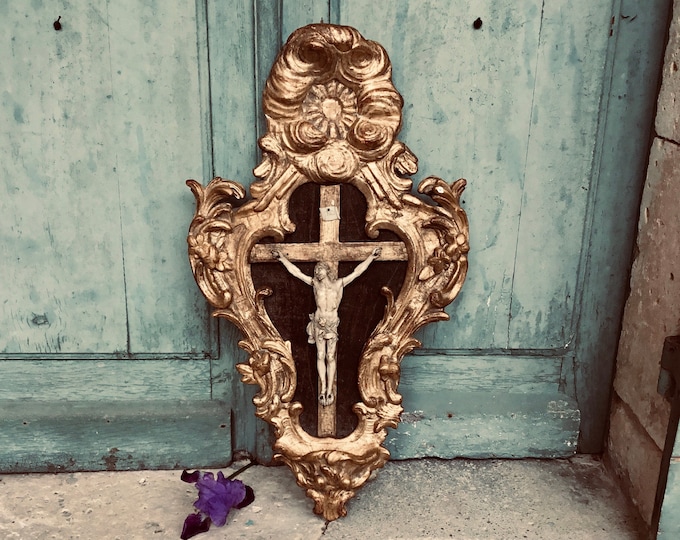 Antique Gilt wood crucifix - An Exquisite Hand Carved And Gilded Altar piece - early 18th Century gilt wood cross of exceptional quality
