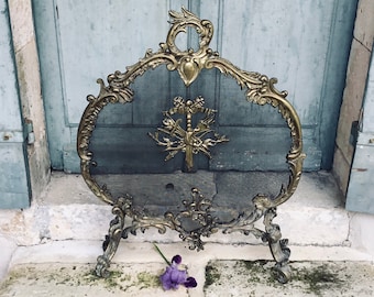 Antiker Französischer Bronze Feuerschirm - Chateau Roses & Ribbons Kaminsims