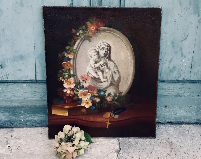 Madonna & child painting - Ethereal antique oil on canvas painting, our lady the Virgin Mary and Jesus Christ 18th Century trompe l’œil Art