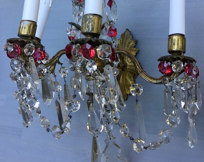 Antique French Baccarat Crystal Wall Sconces, Cranberry Glass, Electrified Bronze Pair