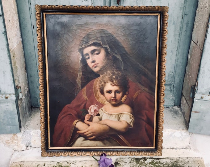 Virgin Mary & Christ child painting - Ethereal large antique oil on canvas painting - immaculate conception - signed by L Victor Cremont
