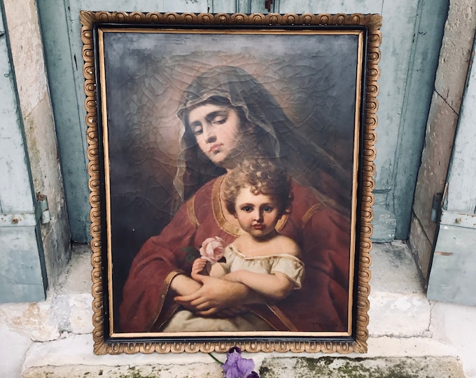 Virgin Mary & Christ child painting - Ethereal large antique oil on canvas painting - immaculate conception - signed by L Victor Cremont