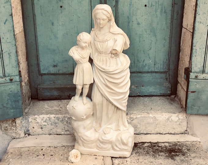 A very Large Virgin Mary & Christ child statue - A stunning and huge antique French plaster statue of our lady the Virgin Mary - catholic