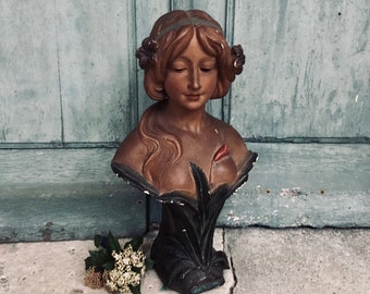 A charming Art Nouveau antique French plaster polychrome bust of the lady Lys, original signed bust - large proportions