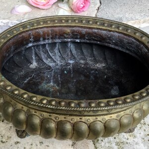 K&ouml;nnte beinhalten: Eine ovale antike Messing-Pflanzschale mit detailliertem Rand und dekorativen F&uuml;&szlig;en. Die Pflanzschale hat einen dunklen Innenraum und weist Gebrauchsspuren auf. Zwei kleine Griffe befinden sich an den Seiten. Rosa Rosen sind im Hintergrund.