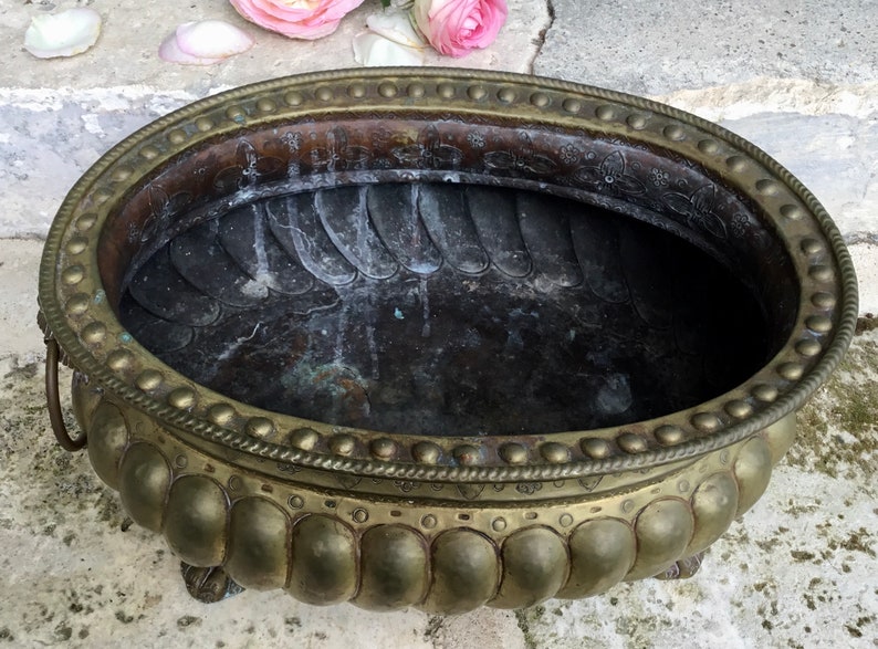 K&ouml;nnte beinhalten: Eine ovale antike Messing-Pflanzschale mit detailliertem Rand und dekorativen F&uuml;&szlig;en. Die Pflanzschale hat einen dunklen Innenraum und weist Gebrauchsspuren auf. Zwei kleine Griffe befinden sich an den Seiten. Rosa Rosen sind im Hintergrund.