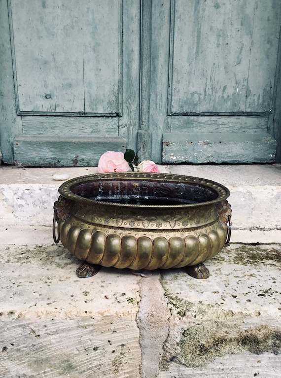 Antique French Brass Jardiniere, Lions Head Planter, Wine Cooler