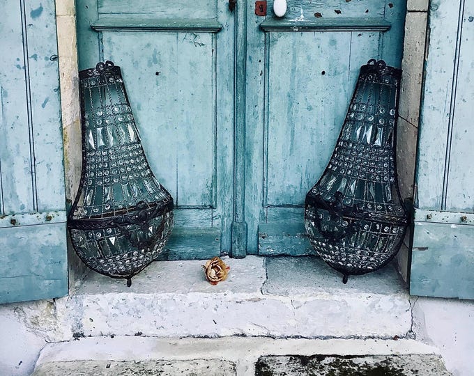 A fabulous pair of vintage French montgolfière crystal wall sconces - lights  - crystal bronze chandelier of very large proportions