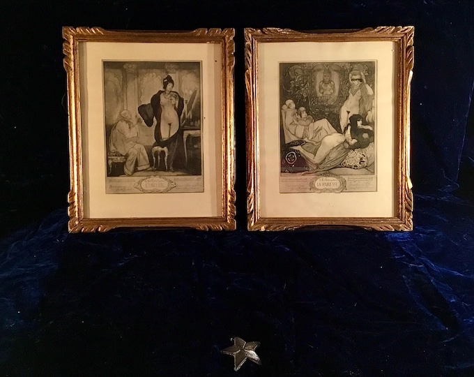Pair of Andre Lambert Original 1918 signed aquatint etchings from the 7 deadly sins series featuring Pride & Idleness