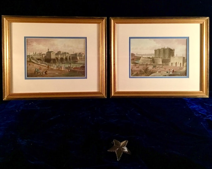 Matched Pair of original 18th century gouache paintings by Louis Gabriel Moreau L’Aine (The elder) - Paris - Pont Neuf - Bastille