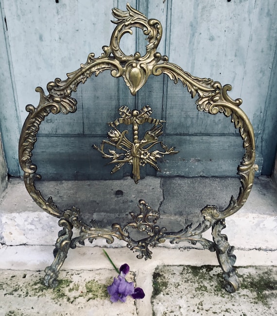 Pare-feu Ou Paravent De Cheminée Ancien Style Rococo En Bronze Doré Avec Chérubins - Occasion