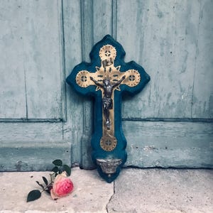 Large antique French velvet crucifix benetier font  - blessing - baptism - gothic cross - bronze crucifix - catholic cross