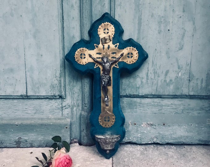 Large antique French velvet crucifix benetier font  - blessing - baptism - gothic cross - bronze crucifix - catholic cross
