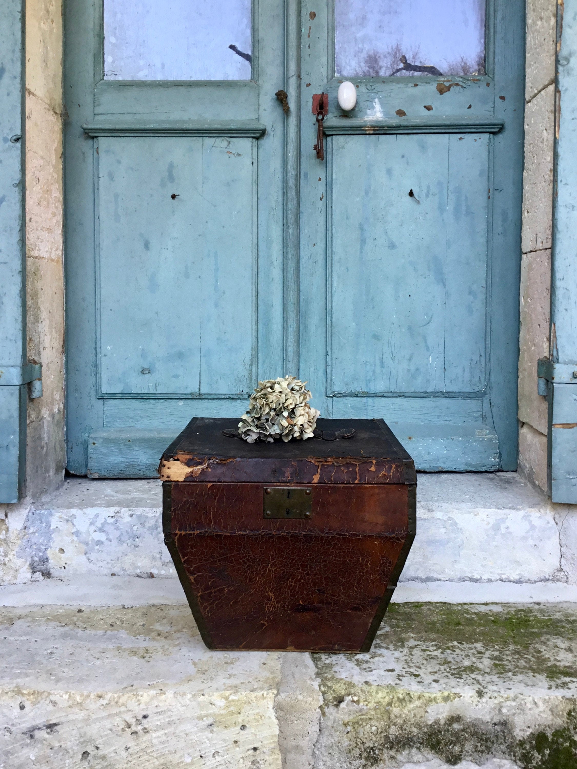 Boîte de Chapeau Antique - Bois Français Plié Charme et Boîte en Cuir Des Années 1800