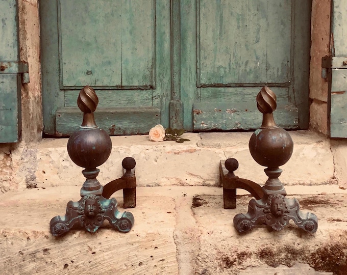 Antique French Bronze Andirons – 18th Century Cherub Fireplace Chenets