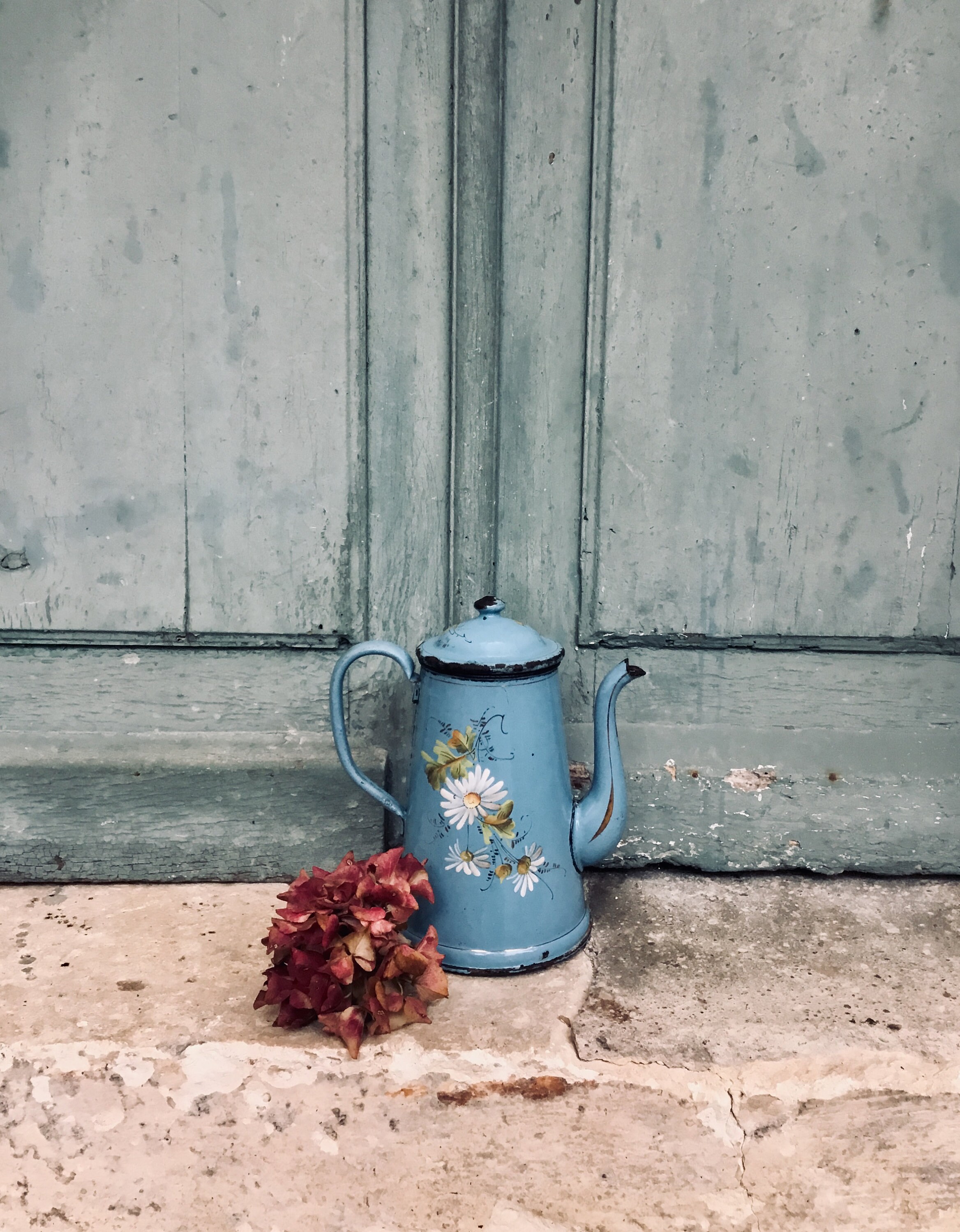 Belle Français Antique Peinte à La Main Pot de Café en Émail - Fleurs Roses Chippy Shabby Chics