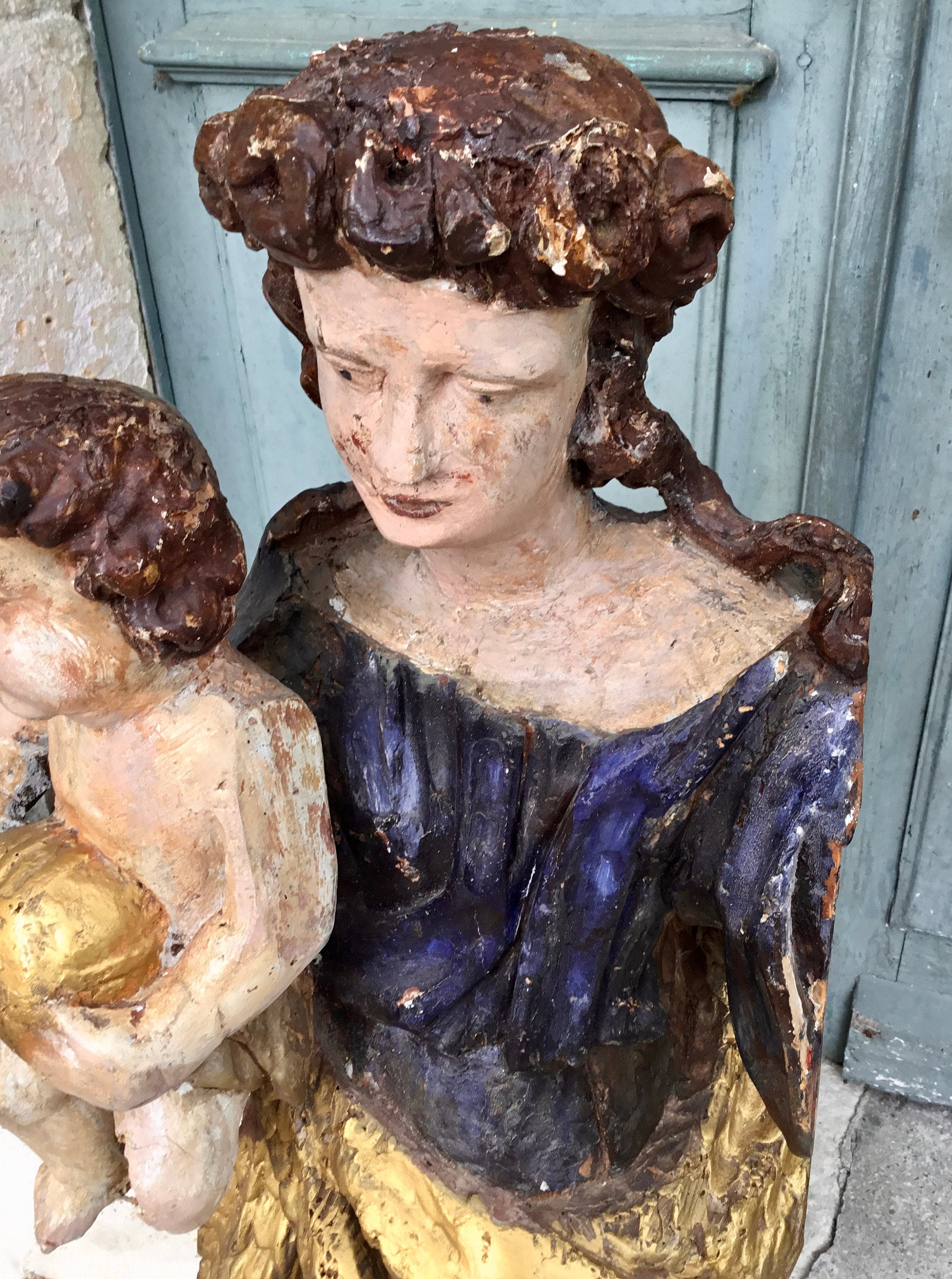 Une Belle Grande Pierre de Bois Doré Du 17Ème Siècle, Statue Polychrome Sculptée à La Main Vierge Ma