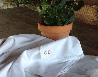 French linen sheet - Beautifully simple handwoven vintage french linen sheet initialed C D wedding trousseau dowry