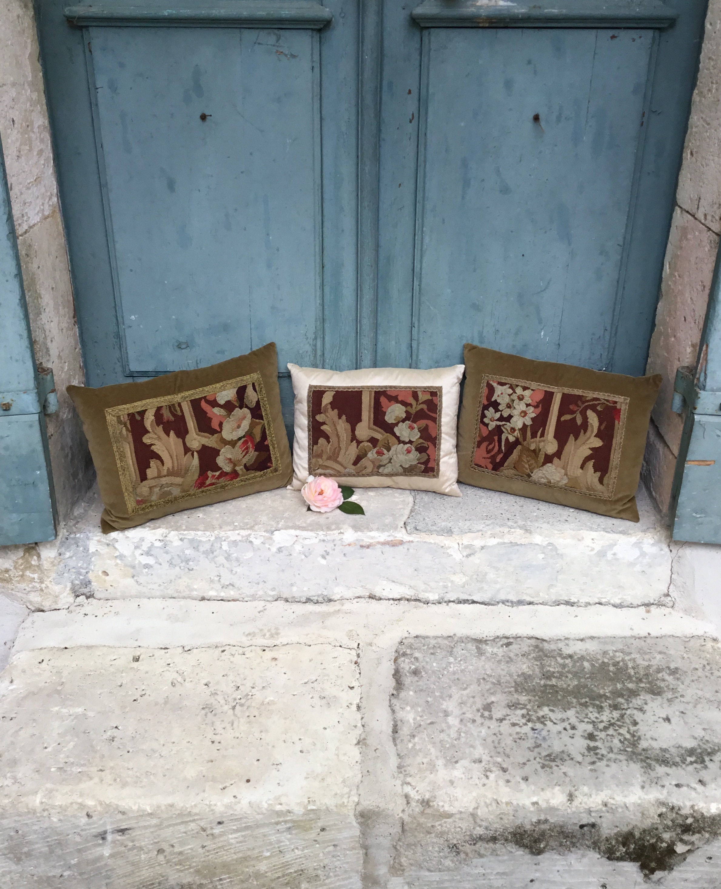 A Beautiful Trio Of Antique Aubusson Pillows French Tapestry
