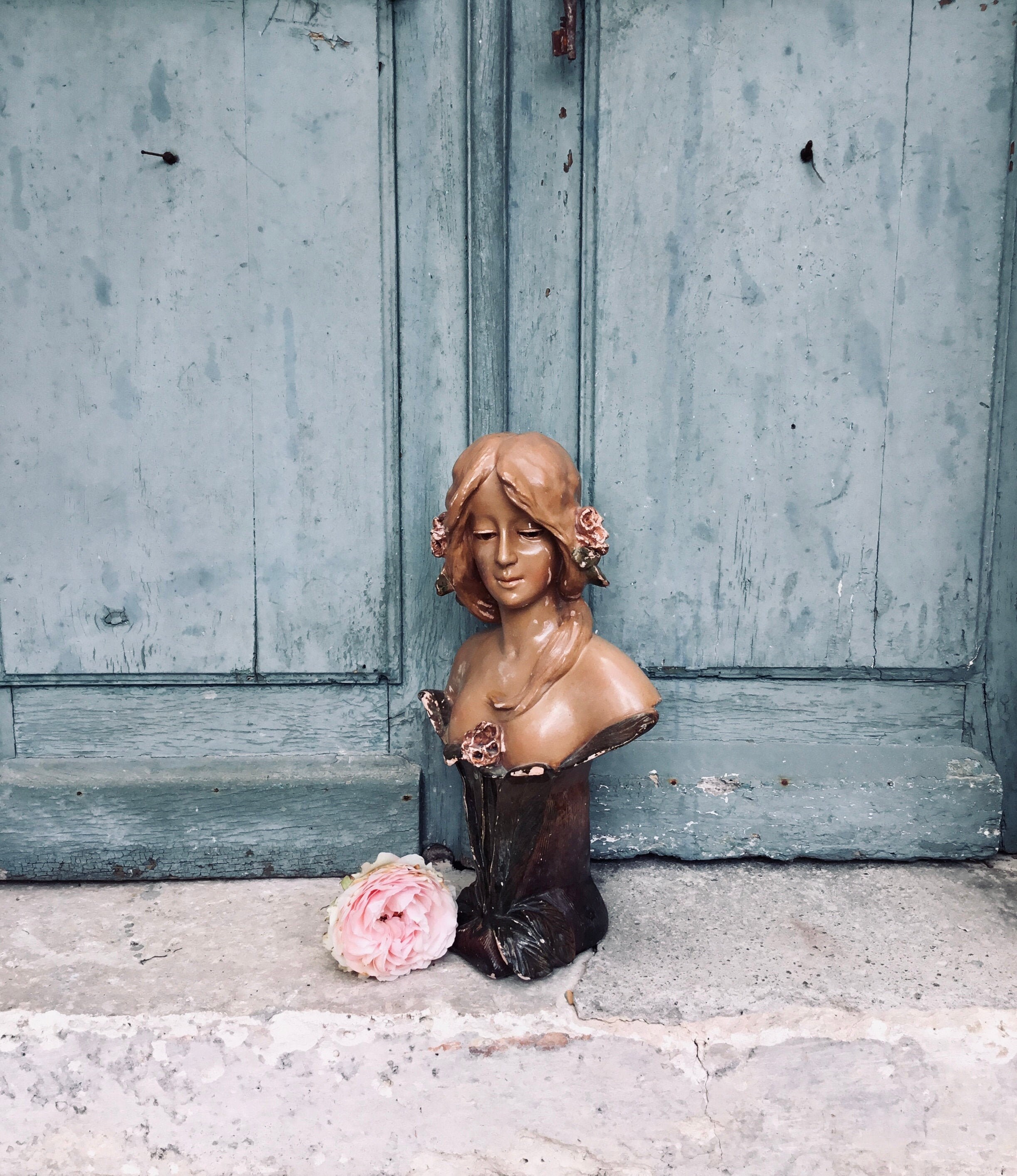 Buste Art Nouveau - Buste d'une Dame Grand Français Antique Polychrome en Plâtre Vintage Signé Origi