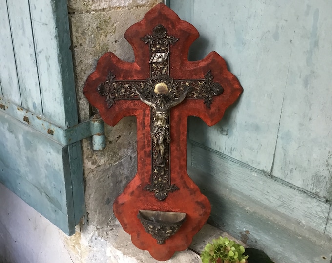 A stunning large antique French red velvet crucifix or cross - benetier - blessing font - baptism font - holy water - stoop - crucifix