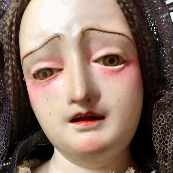 A stunning 18th century polychrome & gilt wood hand carved Neapolitan Santo or santos figure of Our lady of Seven Sorrows Mater Dolorosa.