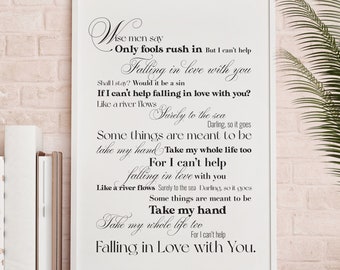Song Lyrics Poster - Custom Gift - I Can&#39;t Help Falling in Love with You by Elvis - Home Decor - Wall Art - Wedding Anniversary Birthday