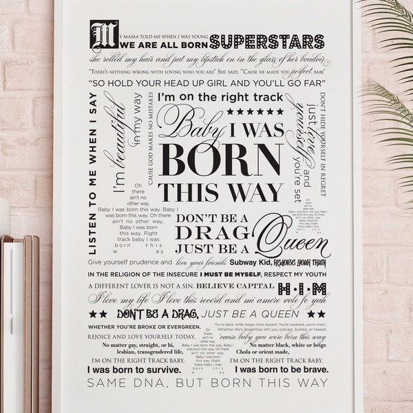 Song Lyrics Poster - Custom Personalized Gift - Born This Way by Lady Gaga - Home Decor - Wall Art - Wedding Anniversary Birthday