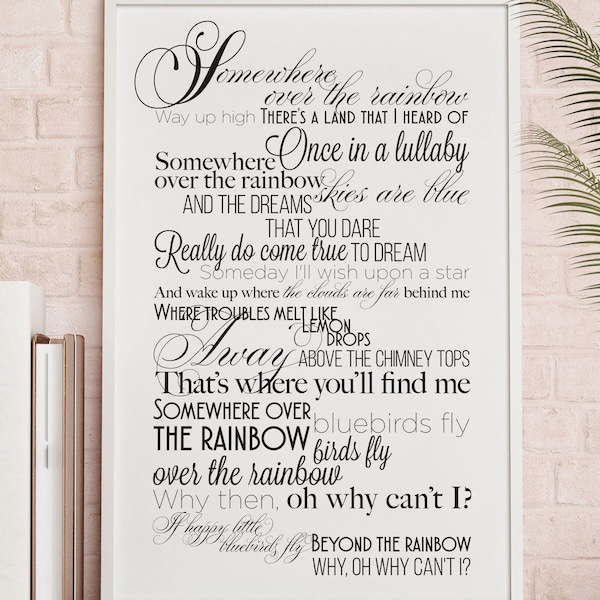 Song Lyrics Poster Custom Gift - Somewhere Over the Rainbow by Judy Garland - Home Decor Wall Art Mother's Day Wedding Anniversary Birthday