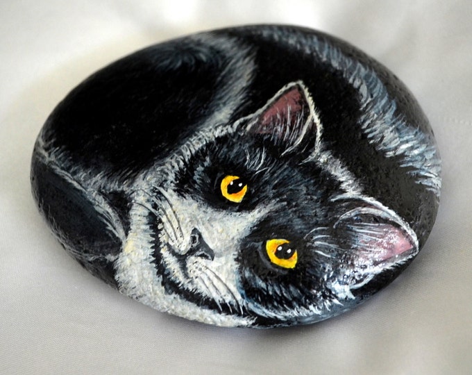 Black White Cat Rock Hand Painted Stone Art Cat Painting 3D Etsy