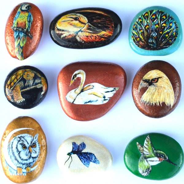 Bird Totem Stone Artwork, Small Pocket Tokens, Original Hand Painted Rock Art for Bird Lovers, Palm Stones for Daily Affirmations