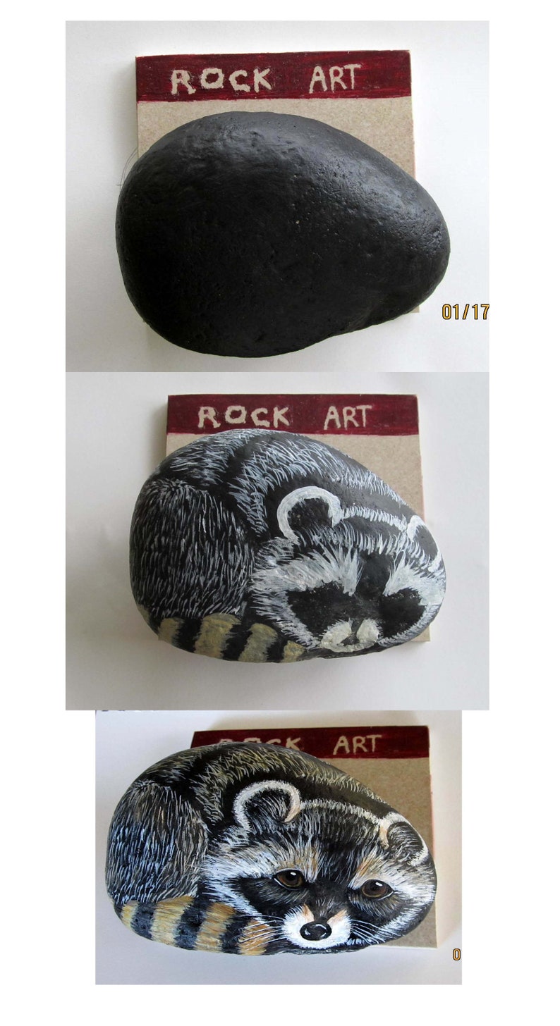 Raccoon Stone Paintings Hand Painted Rocks Raccoon Art Etsy