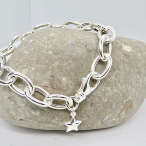 Sterling Silver Large Hollow Cable Link Loop. Chunky Bracelet. Light-weight. Large Statement Lobster Clasp. Stacking Bracelets. Star Charm