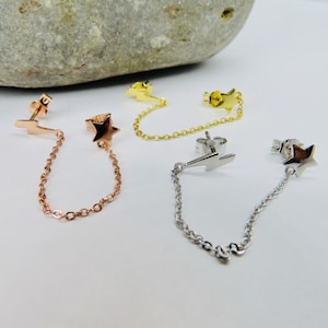 Double Piercing Connected Studs. Star & Lightning Bolt.  Available in Sterling Silver, Rose Gold and Yellow Gold. Trendy Earrings.