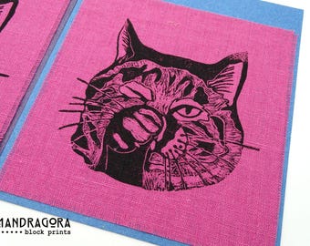 Handprinted Linoprint Sew on Patch Fabric Quilting - Gift - Card - Cat