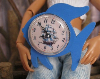Miniature OOAK Wooden Fish-shaped, Nautical Style, Wall Clock with Genuine Watch Hands and Crystal for Fashion Dolls or Dioramas