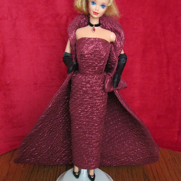 Bold Brocade Evening Gown with Cape, Rhinestone Accented Heels, Purse, Velvet Choker Necklace, and Satin Gloves for Barbie size Dolls