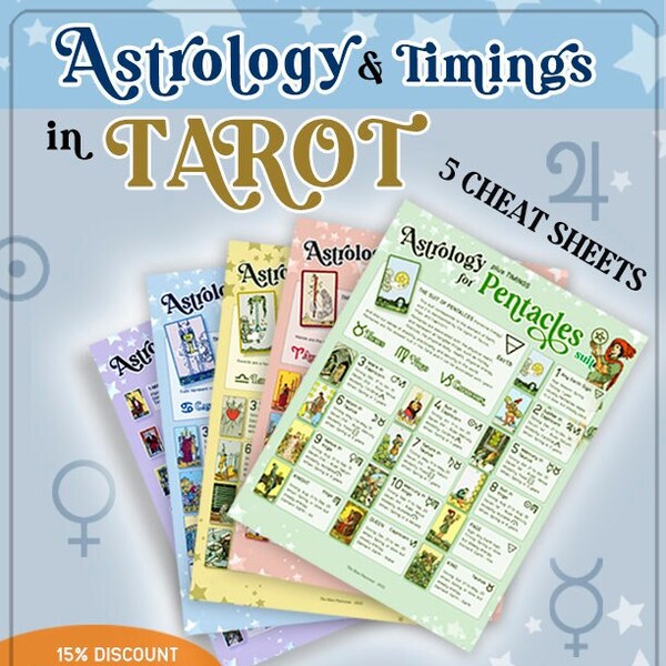 Tarot keyword 5 cheat sheets, Including Astrology, Planets, Timings, Seasons, Modalities, and more... Printable, instant download jpg/pdf.