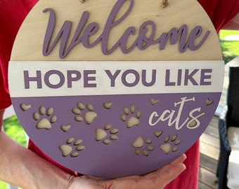 Welcome Hope You Like Cats | Handmade, Laser-Engraved and Painted Wall Hanging | Custom Entrance Sign | Front Door Welcome | FREE SHIPPING