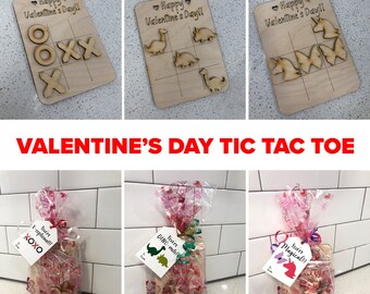 Kid's Valentine Tic Tac Toe | Valentine's Day Classroom Gift | Dinosaurs, XO, Unicorns and Butterflies | Laser Engraved Valentine's Gift